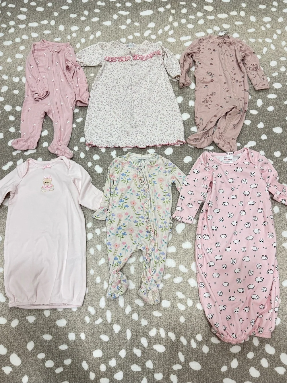 Lot of 6 pima bamboo newborn baby girl footies gown teddy bear lambs mittens